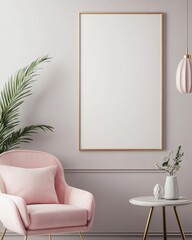 Modern pink armchair, blank golden frame, interior mockup, pale walls, stylish living room
