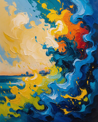 Striking Oil Painting of a Nature Scene in Vibrant Blue and Yellow with Bold Visible Brushstrokes That Create an Artistic and Powerful Outdoor Landscape classic traditional art for wallpaper