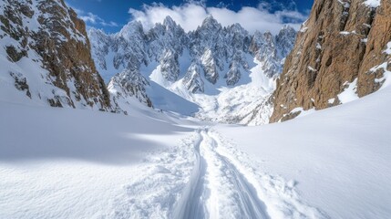 Obraz premium Snowy mountain pass trail, alpine valley, towering peaks, sunny day