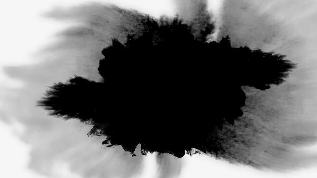 An artistic depiction of a bold black ink splash on a bright white background, creating contrast