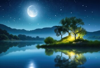 captivating moonlit landscape featuring dreamy shadows ethereal atmosphere under starry sky, moonlight, night, clouds, silhouette, illumination, scenery