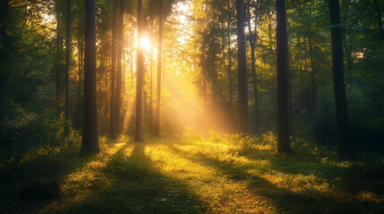 Fototapeta premium rays of sunshine passing through the branches of trees in the forest