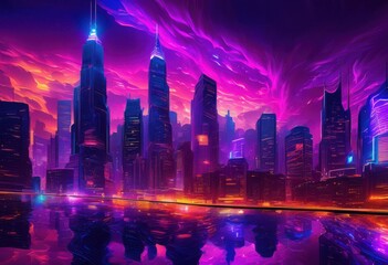 Obraz premium enchanting nightfall cityscapes vividly illuminated dynamic lighting effects colorful skies, skyline, illumination, vibrant, colors, architecture
