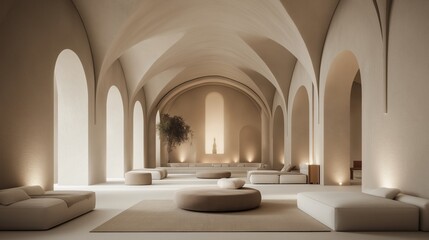 Fototapeta premium Minimalist Meditation Space with Curved Arches and Round Ottoman Poufs in Neutral Beige Colors, Modern Zen Interior Design