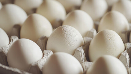 Close-up of fresh white eggs in a carton with natural texture and soft lighting