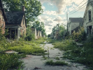 Obraz premium Overgrown abandoned suburban street with cracked pavement and lush greenery