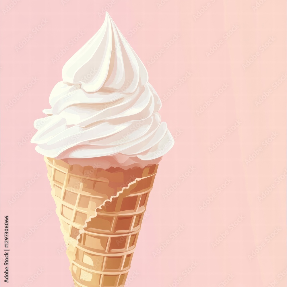 Poster Soft serve ice cream cone with whipped cream on light pastel background. Generative AI