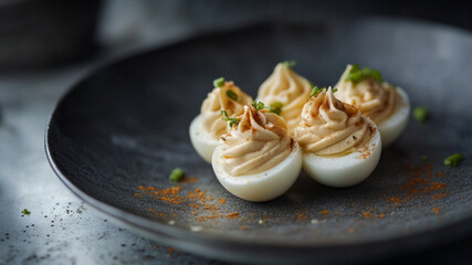 Gourmet deviled eggs with creamy filling, paprika, and herbs on a dark ceramic plate