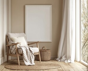 Cozy corner, beige living room, mock-up framed poster, nature view, interior design