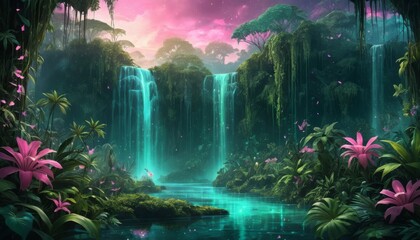 Fototapeta premium A lush jungle with cascading waterfalls shimmers under an aquamarine dusk, showcasing bioluminescent plants