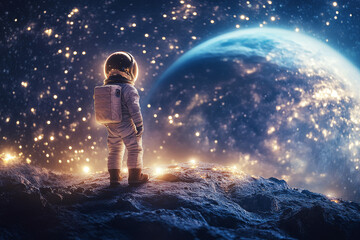 Astronaut stands on rocky surface, gazing at a glowing earth against a starry space backdrop. Concept of exploration and wonder. For space-themed content.
