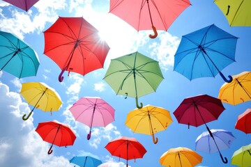 Obraz premium Colorful umbrellas floating in a summer sky