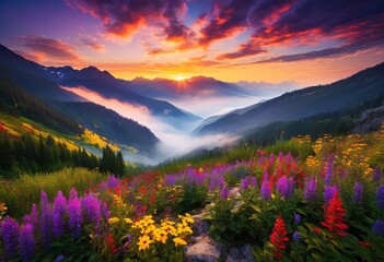 Fototapeta premium breathtaking landscapes featuring misty mountains surrounded thriving vegetation lush greenery under clear sky, nature, hills, valley, trees, clouds