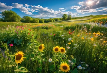 Fototapeta premium vibrant summer landscapes filled colorful flowers lush greenery under bright sunshine, scenery, meadow, garden, sunlight, bloom, petal, leaf, blossom