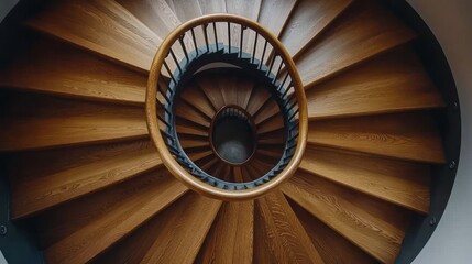 Spiral wooden staircase interior, looking down, modern architectural design