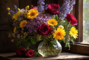 Fototapeta premium stunning vibrant spring floral still life arrangement lush blooming natural textures captivating visual appeal, bouquet, flowers, blossom, petal, garden