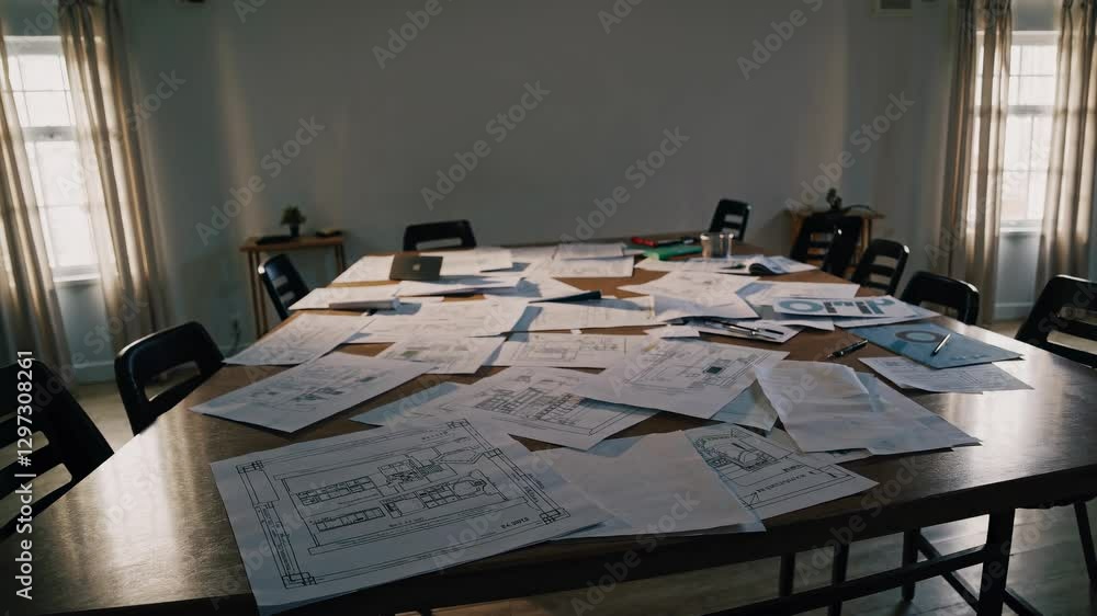 Poster wide-angle shot of a cluttered table with architectural plans, capturing a workspace vibe. ideal for
