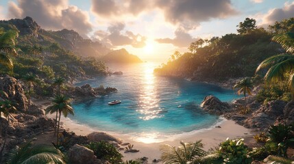 Fototapeta premium Stunning tropical bay at sunset with small boat, idyllic beach, lush vegetation, and dramatic mountains