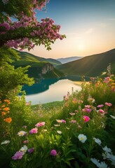 Naklejka premium lush green foliage vibrant flowers set stunning scenic backdrop bounty, blooms, blossoms, petals, greenery, vegetation, plants, landscape, scenery