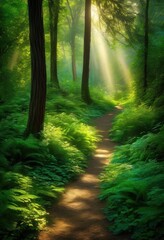 Obraz premium serene enchanted forest path bathed soft natural light intricate shadows creating magical journey through lush greenery, nature, trees, woodland, foliage
