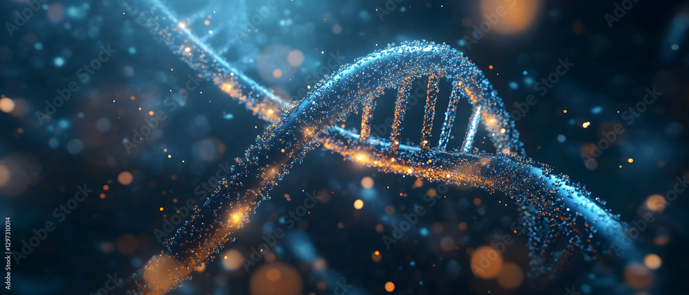 Poster dna double helix with luminous particles on an abstract background -