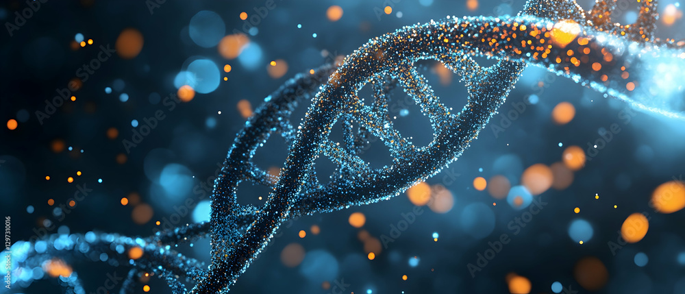 Poster dna double helix with luminous particles on an abstract background -
