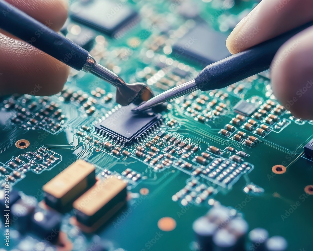 Poster close-up of hands repairing a printed circuit board, showcasing intricate electronic components and 