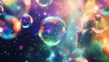 Woman profile, bubbles, cosmic space, dreaming