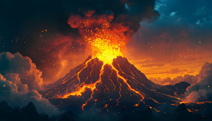 Dramatic illustration of a volcanic eruption with fiery lava and ash clouds  -