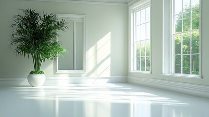 Fototapeta premium Sunlit, Empty, Classic Room with Palm Tree, Backyard View