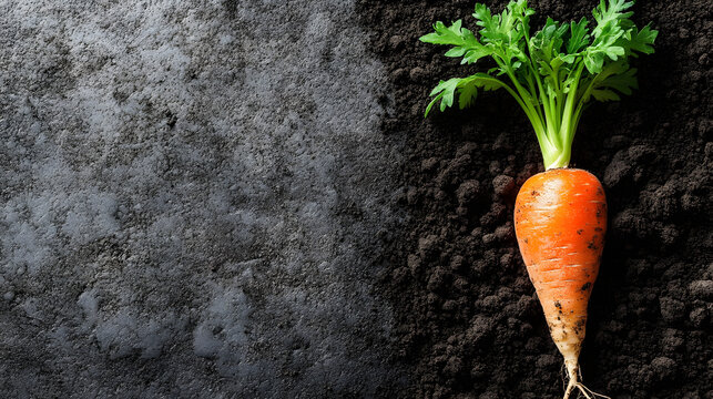 Single fresh carrot with green tops surrounded by soil on a textured light background
