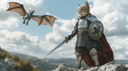 Cat Knight Defends Mountaintop Against Dragon
