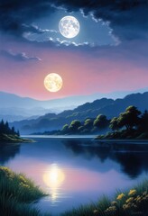 serene moonlit landscape featuring glowing moon over tranquil reflecting light calm water surrounded lush vegetation majestic trees, ambient, moonlight