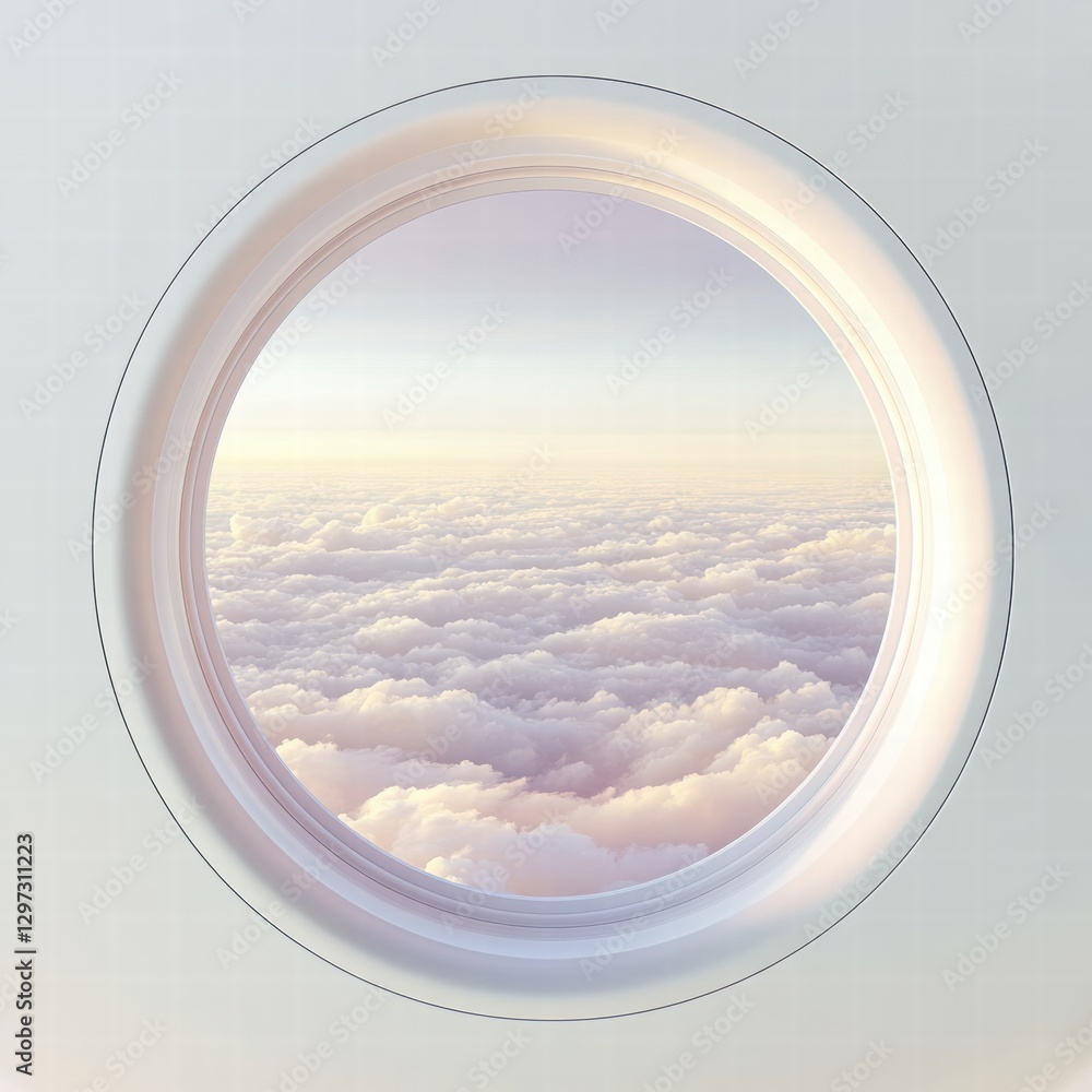 Poster Beautiful view of soft clouds from an airplane window high in the sky during a serene sunrise. Generative AI