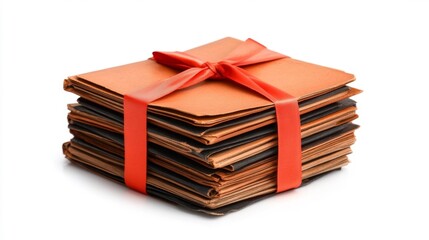 Obraz premium Stack of vintage military letters tied with a red ribbon isolated on white background. Generative AI