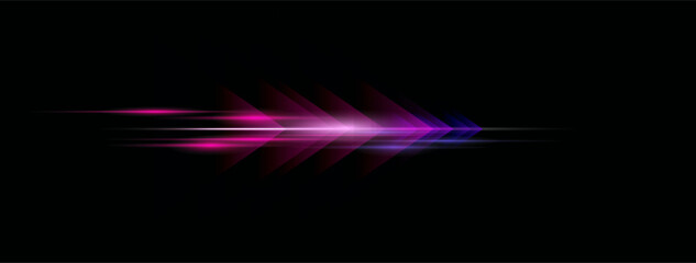 Neon light trail, glowing arrow banner, abstract pink blue laser background with dynamic speed rays. Electric energy effect for web, branding