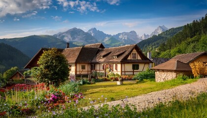 Fototapeta premium Generated image, Sunlit alpine meadow with vibrant wildflowers, rolling green hills, and majestic mountain peaks under a clear blue sky at sunrise.