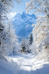 Winter's Embrace: The Serene Beauty of a Snow-Laden Landscape with Majestic Mountains and Pristine Snow-Covered Trees