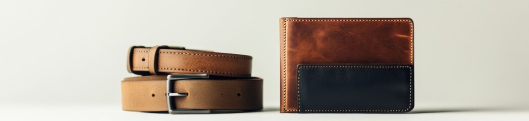 Brown leather belt and wallet on white background