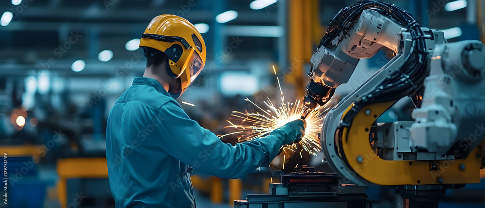 Poster engineer controlling welding robotics in an automotive factory -