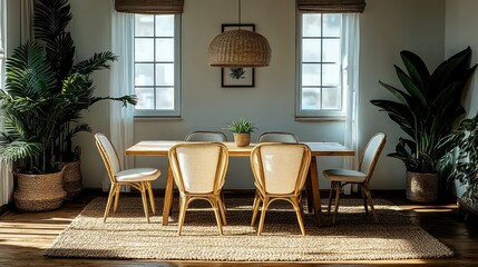 Fototapeta premium Sunny dining room with rattan chairs and tropical plants