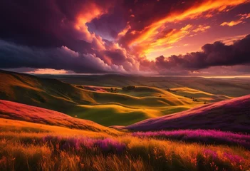 Fototapete Rund dramatic cloudscape over serene landscape sunset capturing vibrant display colors natural beauty, sky, evening, nature, horizon, dusk, sunlight, silhouette © Yaroslava