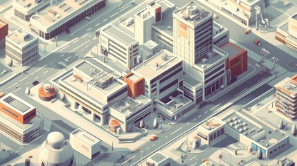 Isometric city view, urban buildings, sunny day, architectural design, possible use in digital art, graphics, or education