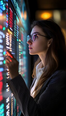 Female financial analyst examining stock ticker displays for recession indicators  -
