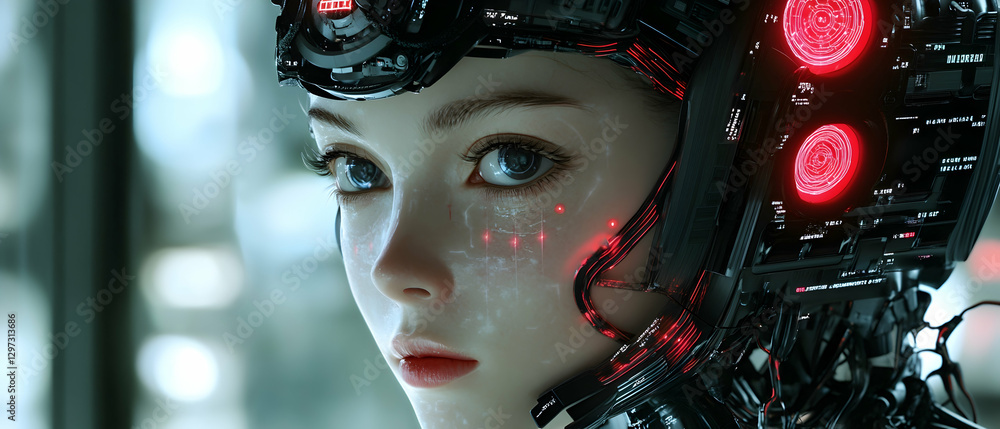 Poster female humanoid with digital data wires and network structures, ai concept -