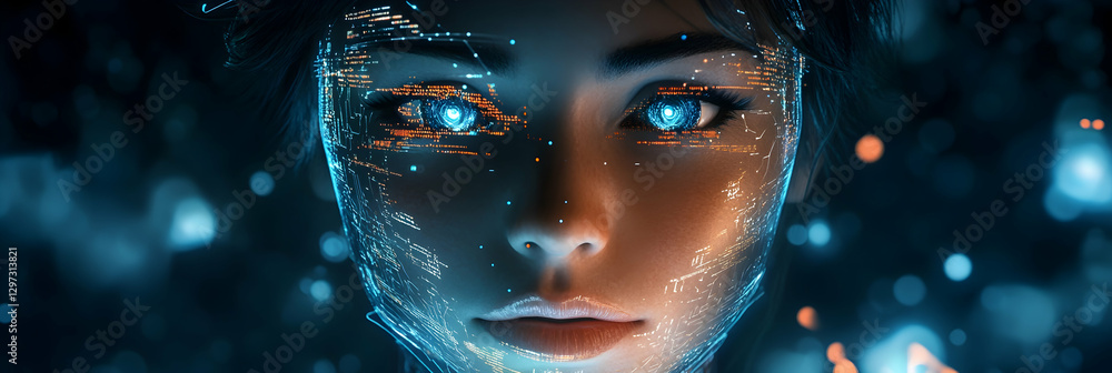 Poster female robot face representing artificial intelligence and futuristic technology -