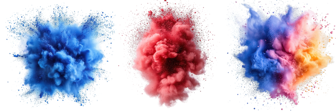 set of red, blue, and colorful powder splash isolated on transparent background, generative ai