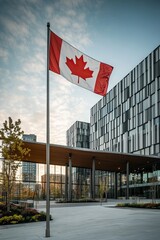 Canadian flag waving in front of a modern glass building with urban architecture during sunset