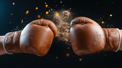 A dramatic close-up captures two boxing gloves colliding with force, sending dust and debris flying, highlighting the energy and intensity of the sport.