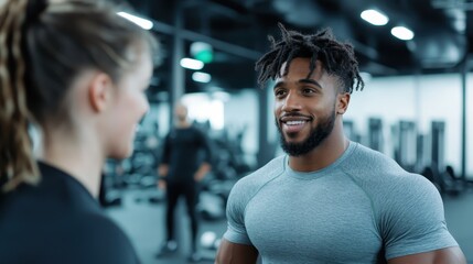 A fit and enthusiastic man engages in a friendly conversation at the gym, showcasing the importance of fitness, camaraderie, and sharing positive energy within a sport-focused environment.